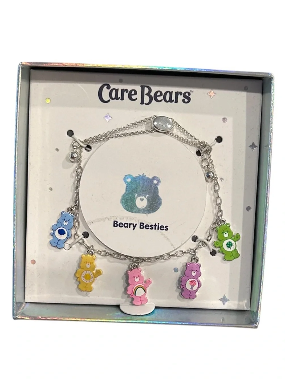 Care Bears Silver Charm Bracelet with Blue, Yellow, Pink, Purple & Green Bears